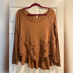 Free People Tan Long Sleeve Shirt with Lace